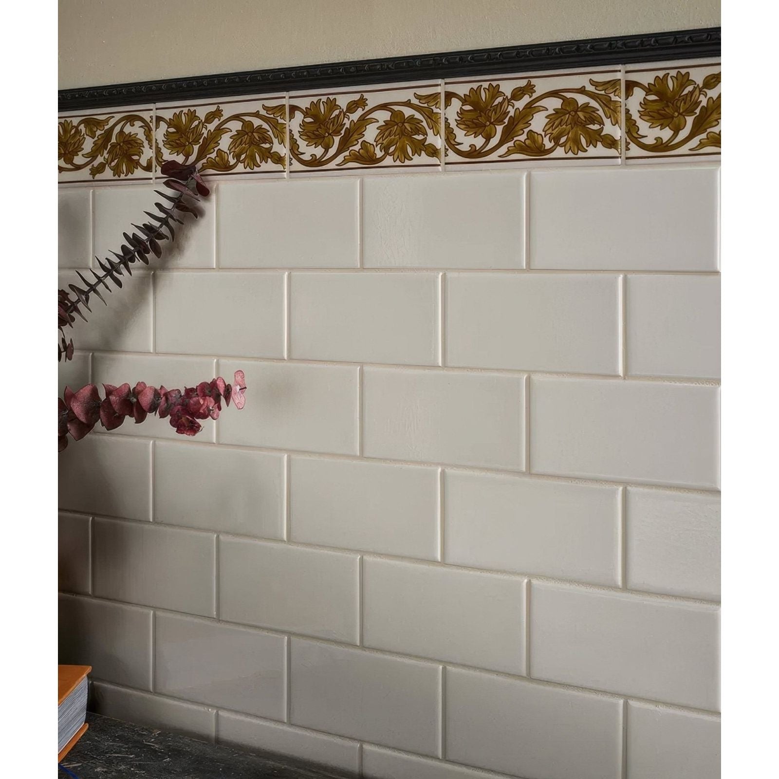 Victorian style wall ceramic cotton white metro tiles with white rectangular ceramic tiles and gold floral border