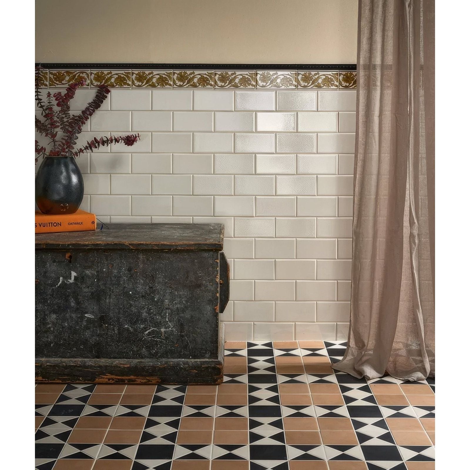 Black and white geometric patterned Victorian Style™ wall ceramic cotton white metro floor tiles with beige accent