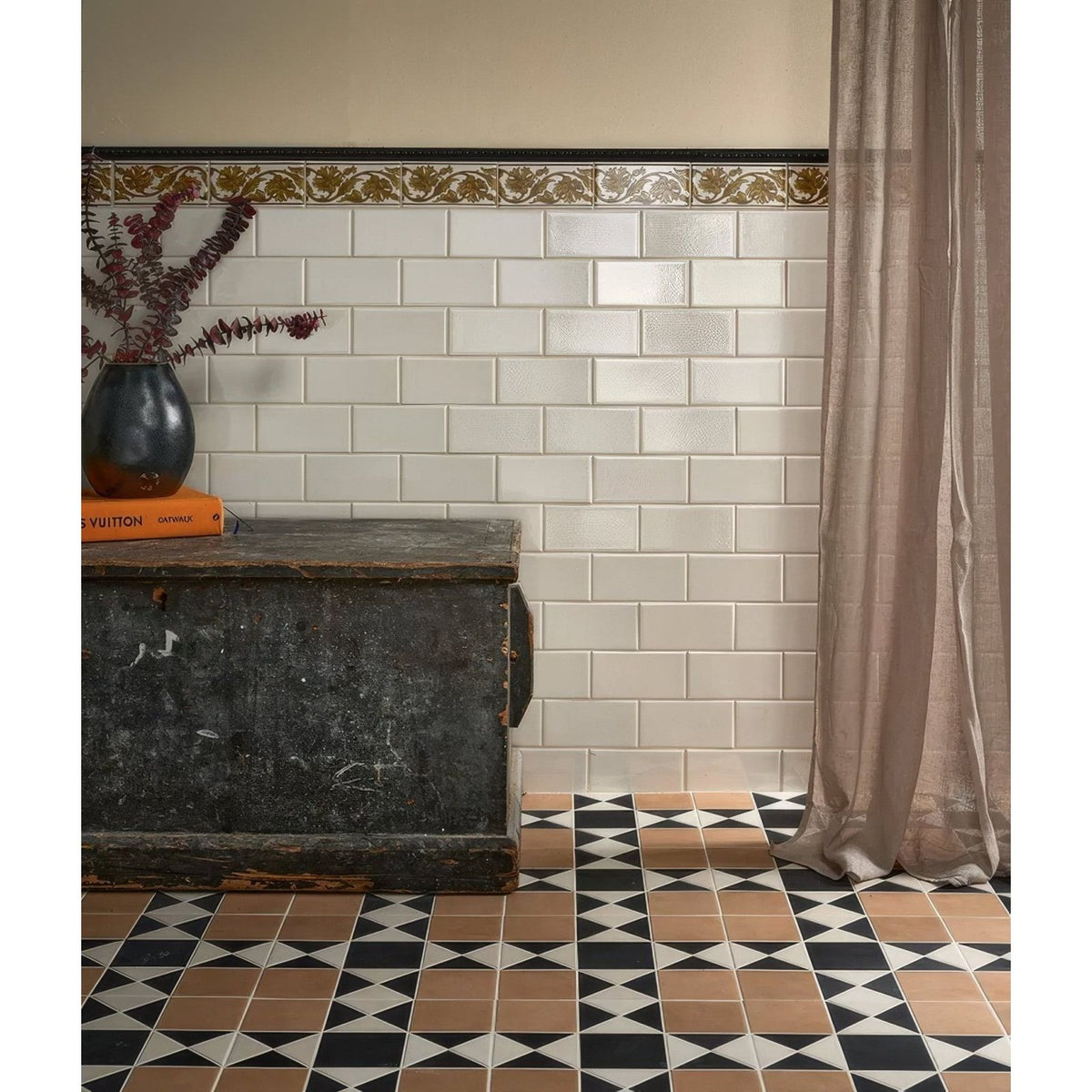 Black and white geometric patterned Victorian Style™ wall ceramic cotton white metro floor tiles with beige accent