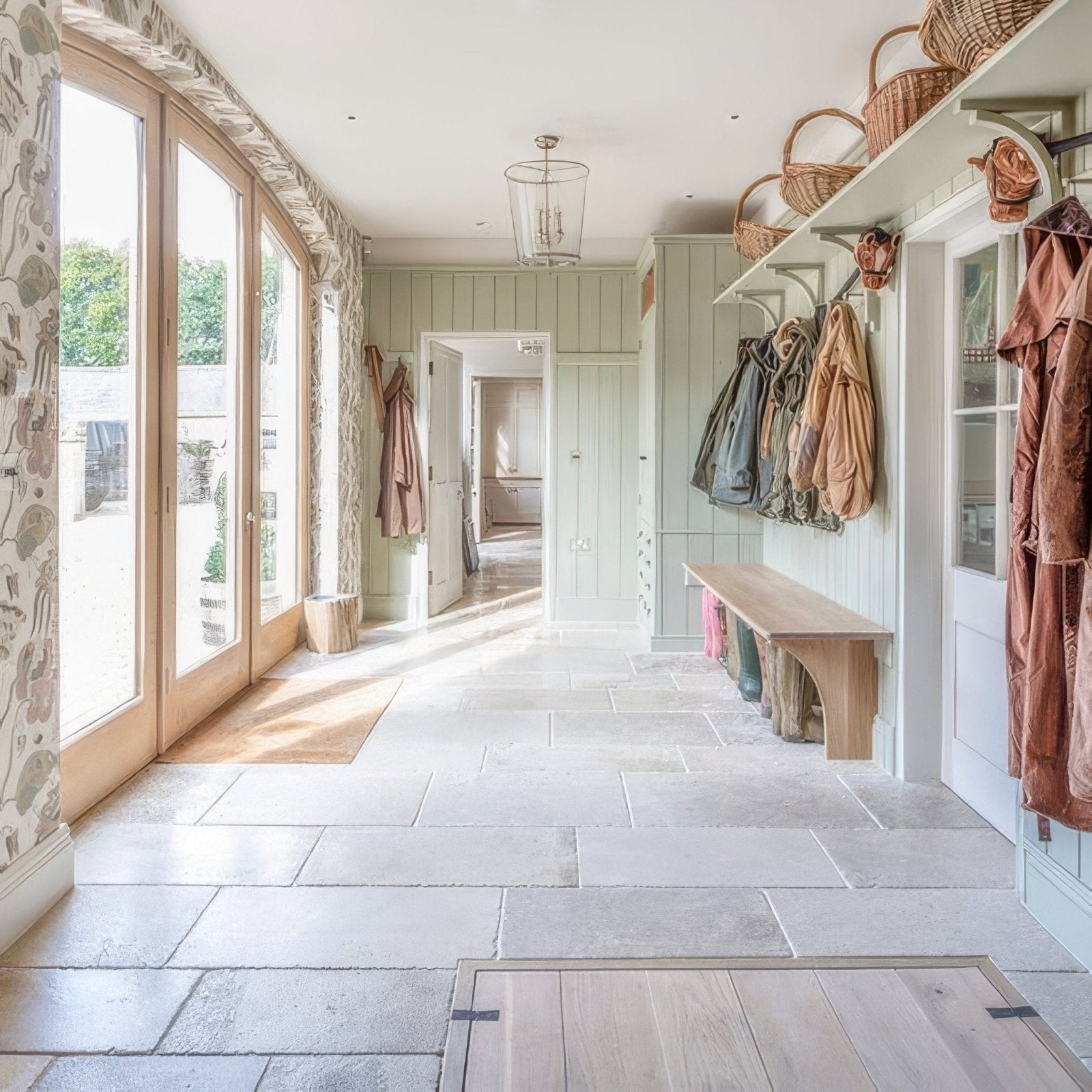 Light green paneled wall with built-in shelving and coat hooks in vieux bourgogne limestone ancient finish