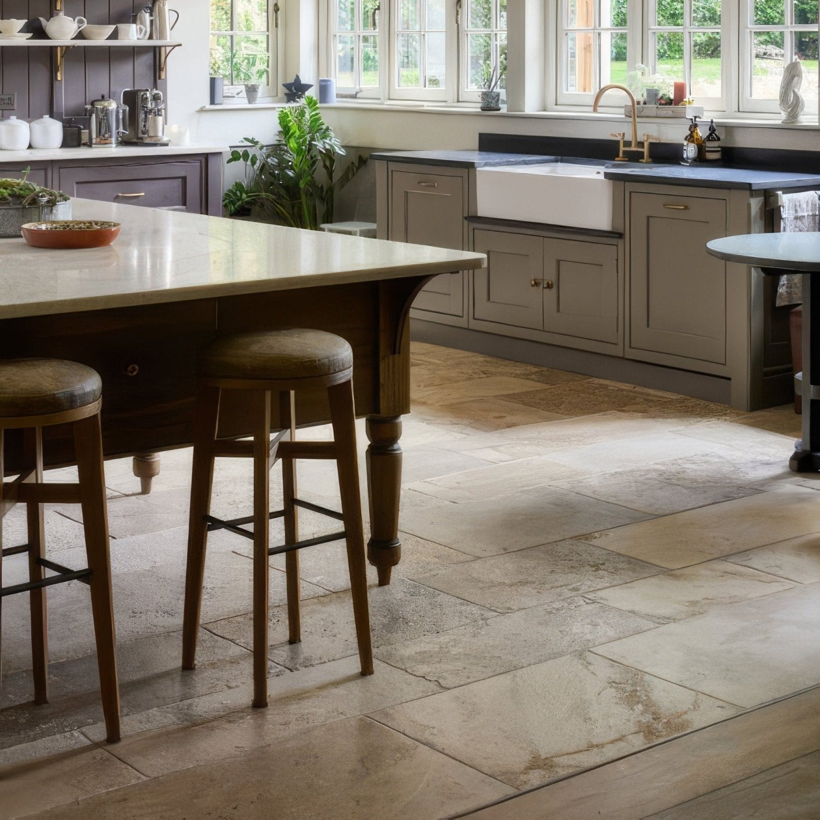 Beige stone-tiled kitchen floor with natural veining and warm earthy tone in vieux bourgogne limestone ancient finish