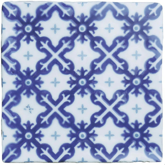 Blue and white ceramic tile villette on papyrus with intricate repeating geometric pattern