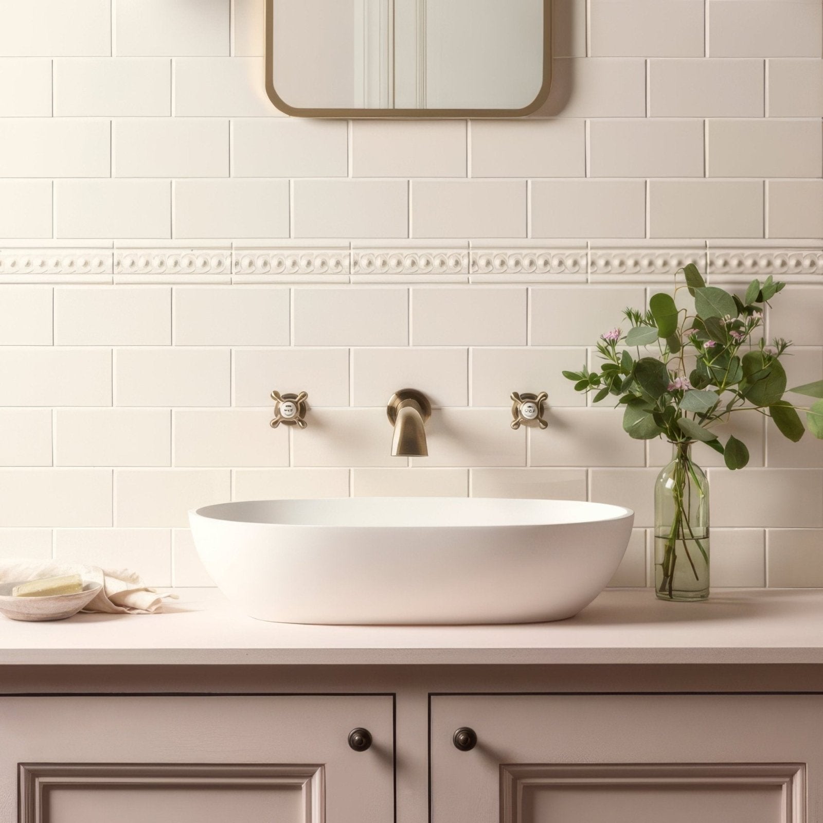 White oval vessel sink with vintage white half tile featuring a classic ceramic design for bathroom use