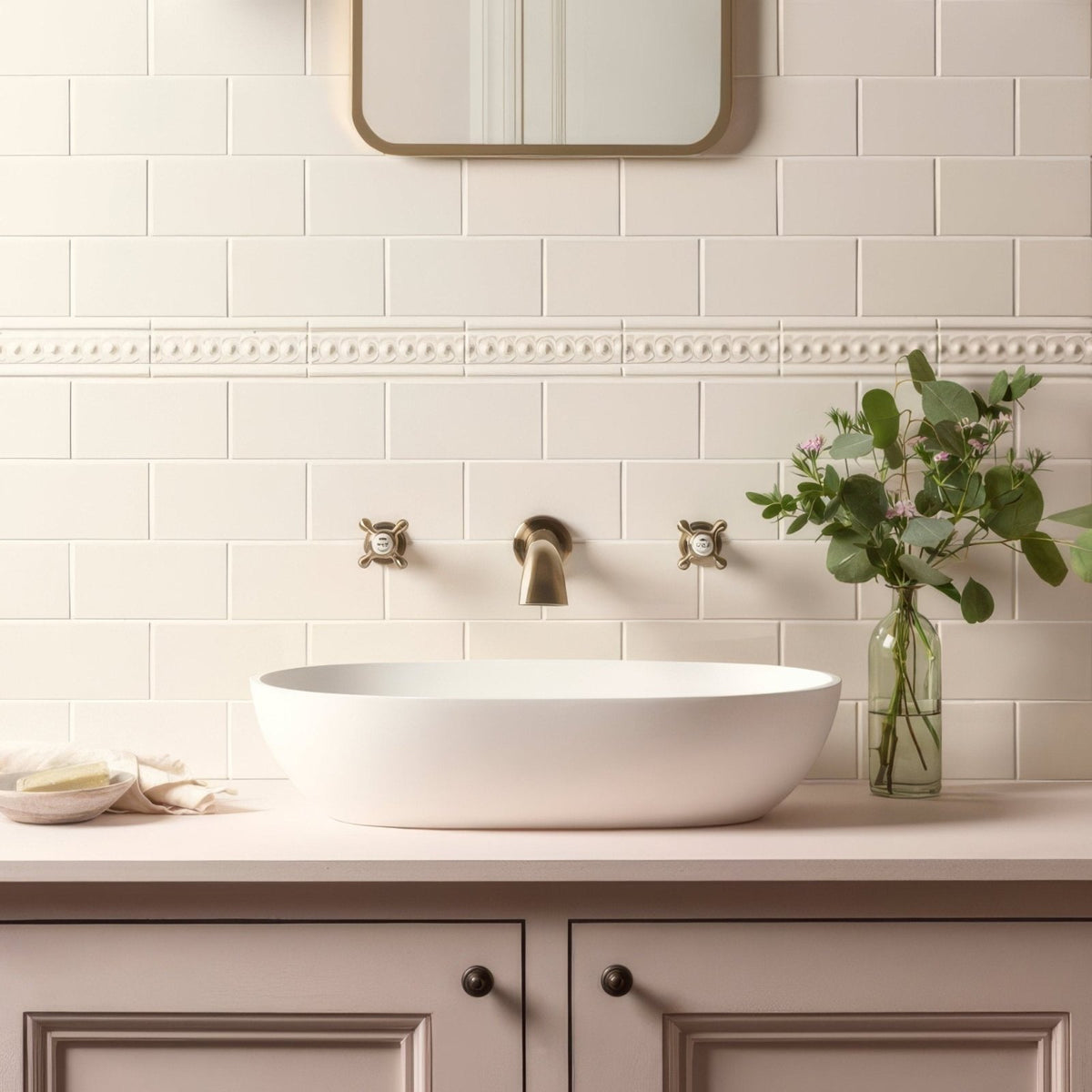 White oval vessel sink with vintage white half tile featuring a classic ceramic design for bathroom use