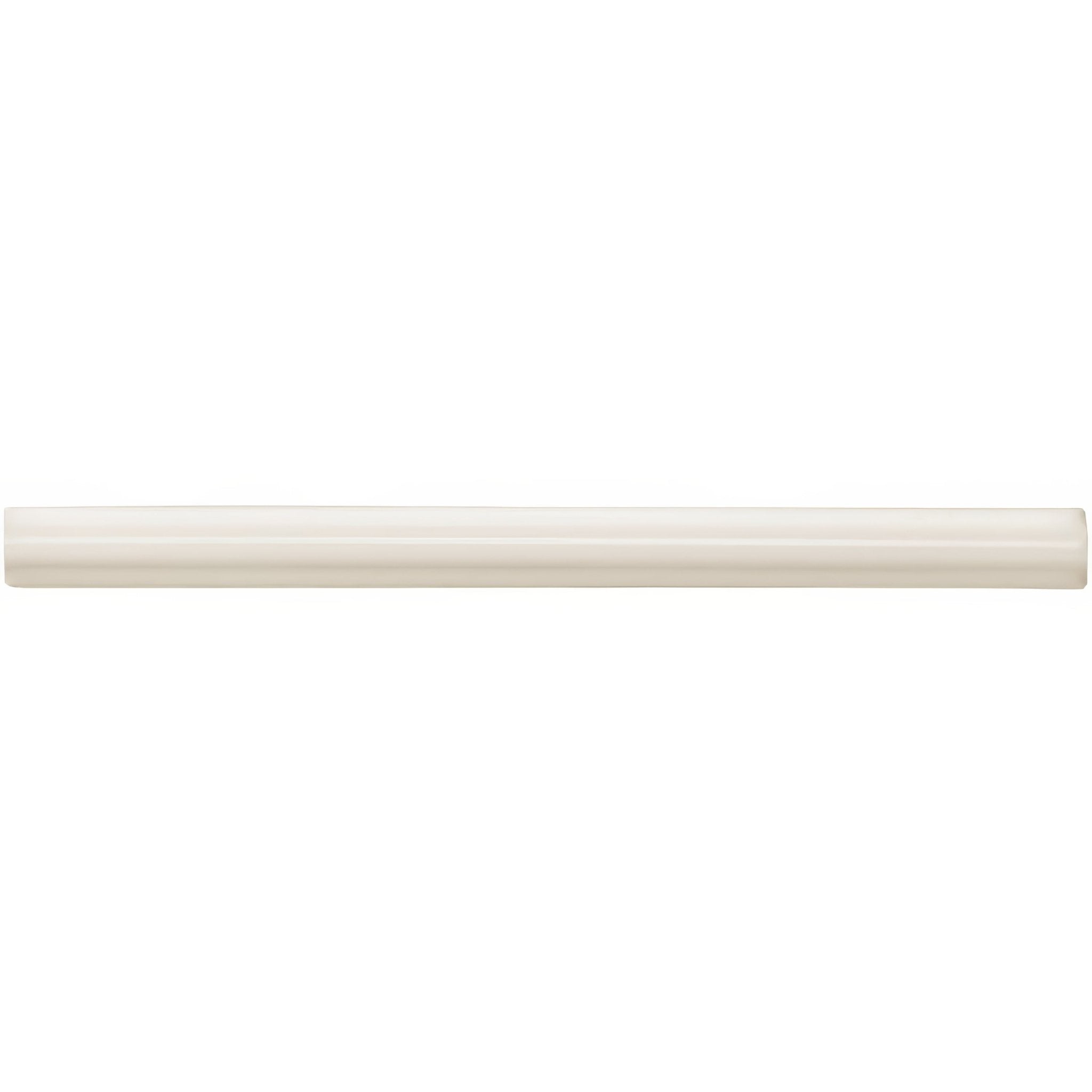 Cream-colored glossy ceramic tile vintage white omega moulding with smooth rectangular profile and subtle beveled edges