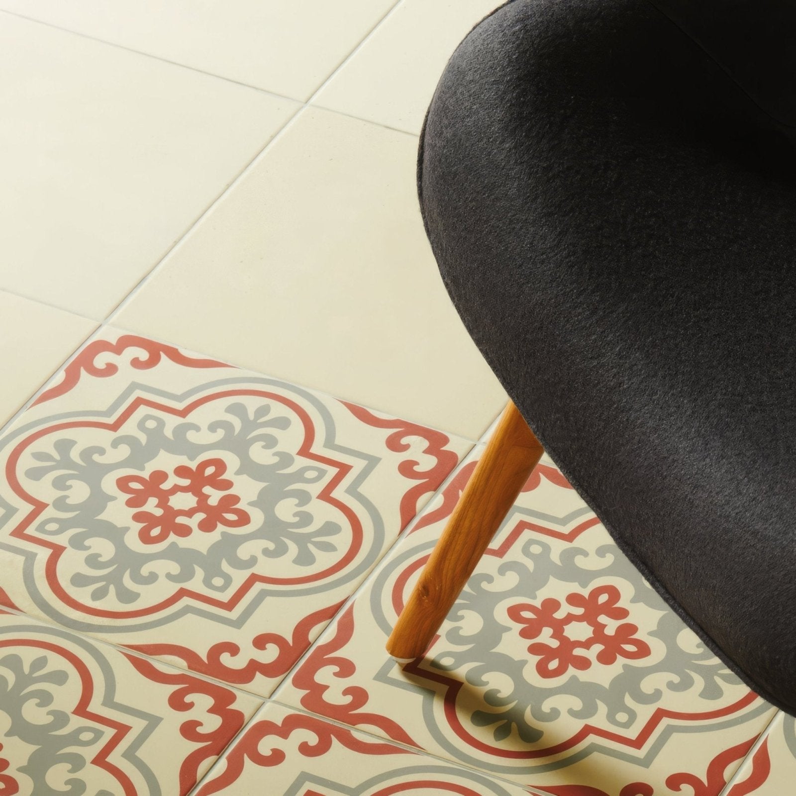 Patterned ceramic floor tile vogue rose with red gray and cream ornate floral design for decorative flooring