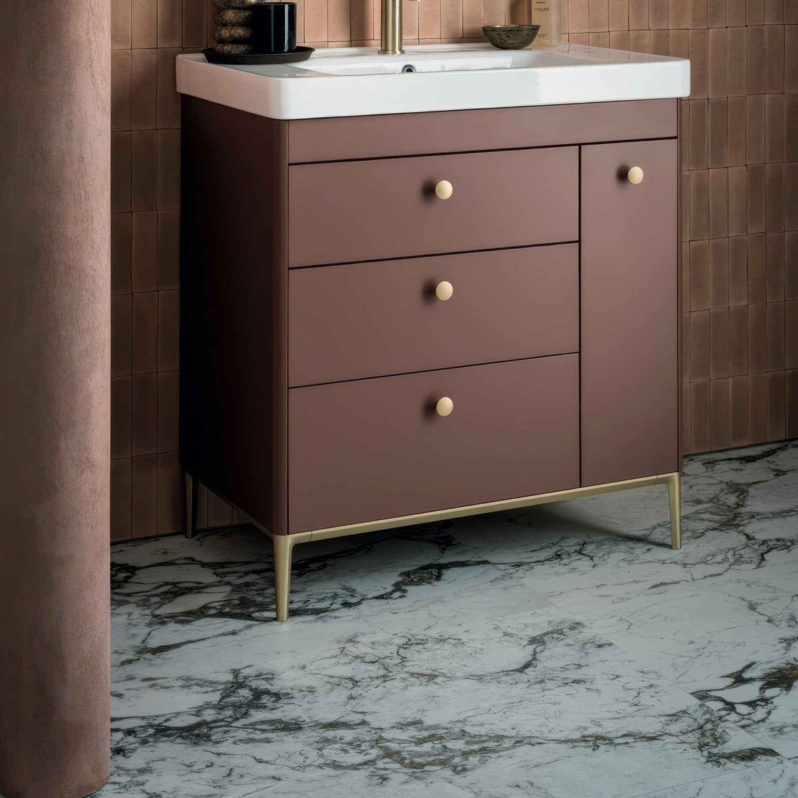 Volterra Tortona Matt 60 x 120cm white marble-effect tiles with a brown vanity
