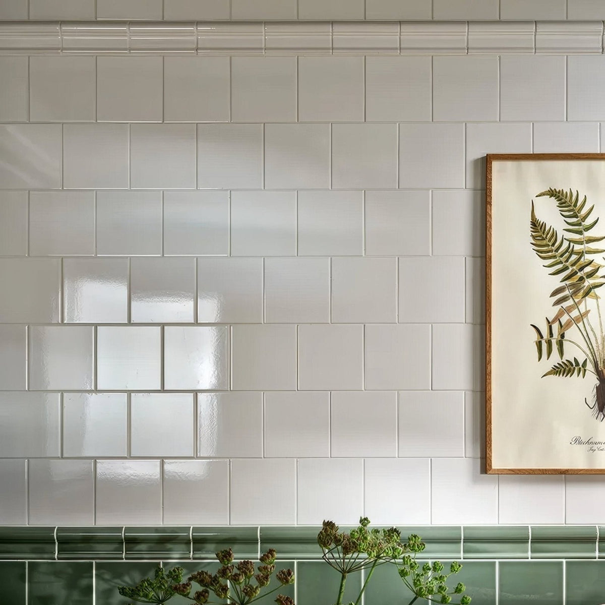Victorian Style™ wall ceramic cotton white square tiles in a glossy subway pattern with a green tile border