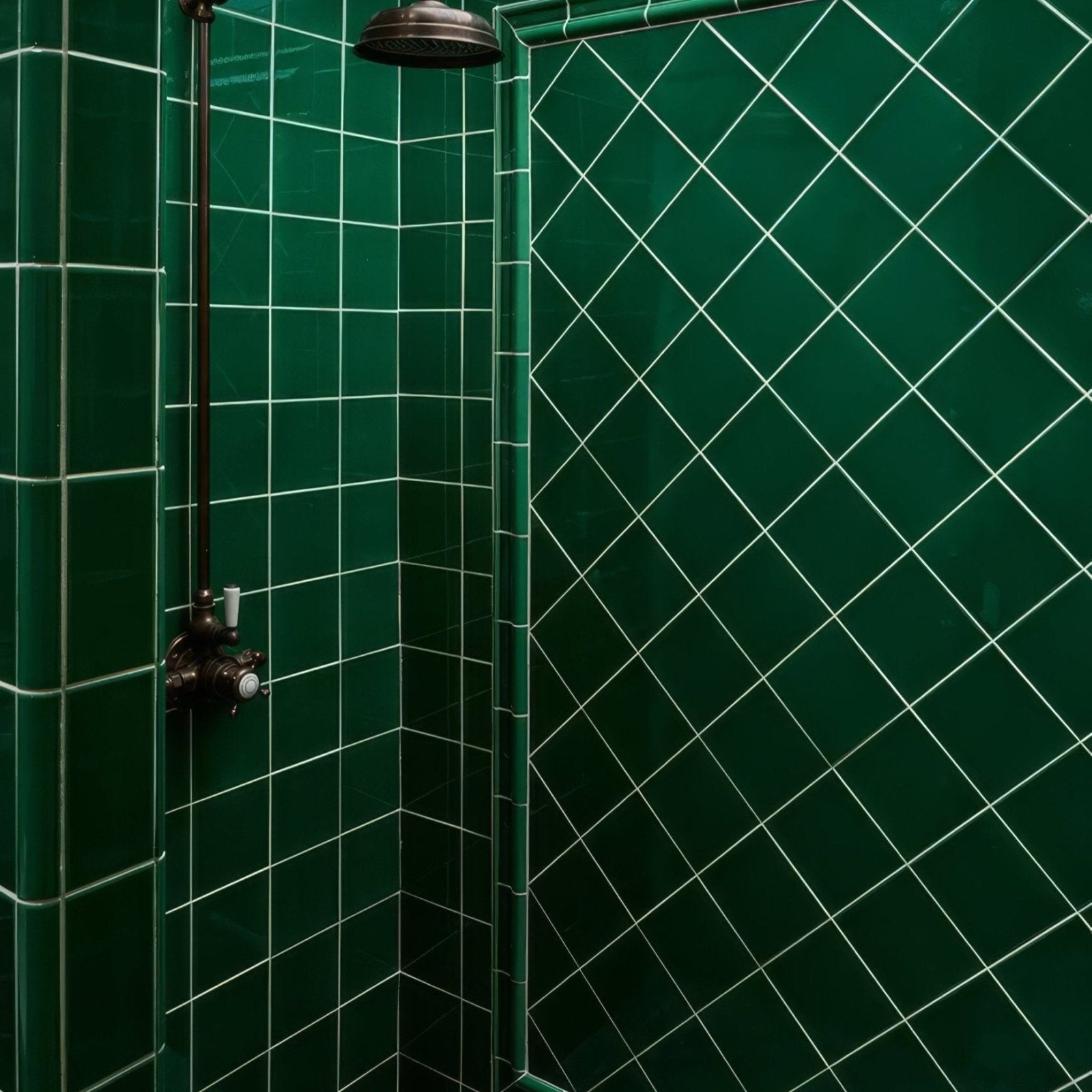 Deep emerald green victorian style wall ceramic tiles with crackle glaze and white grout in a diamond pattern
