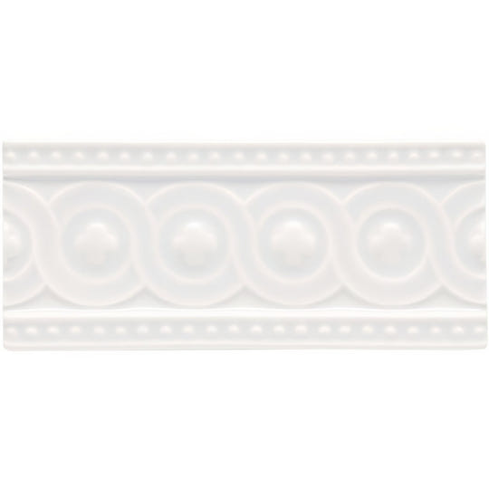 White ceramic tile waveney baroque with classic ornate design featuring repeating circular medallions and beaded borders