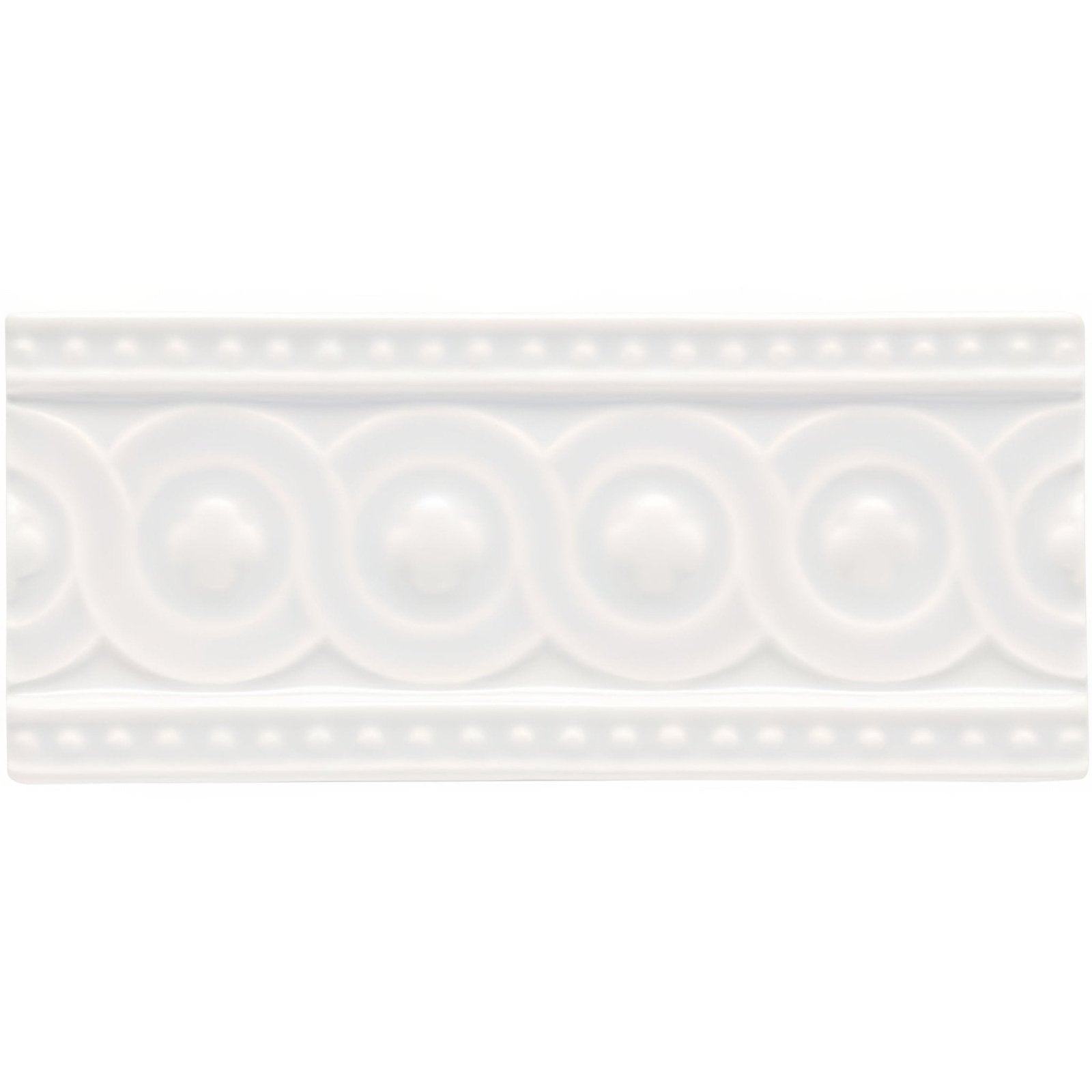 White ceramic tile waveney baroque with classic ornate design featuring repeating circular medallions and beaded borders