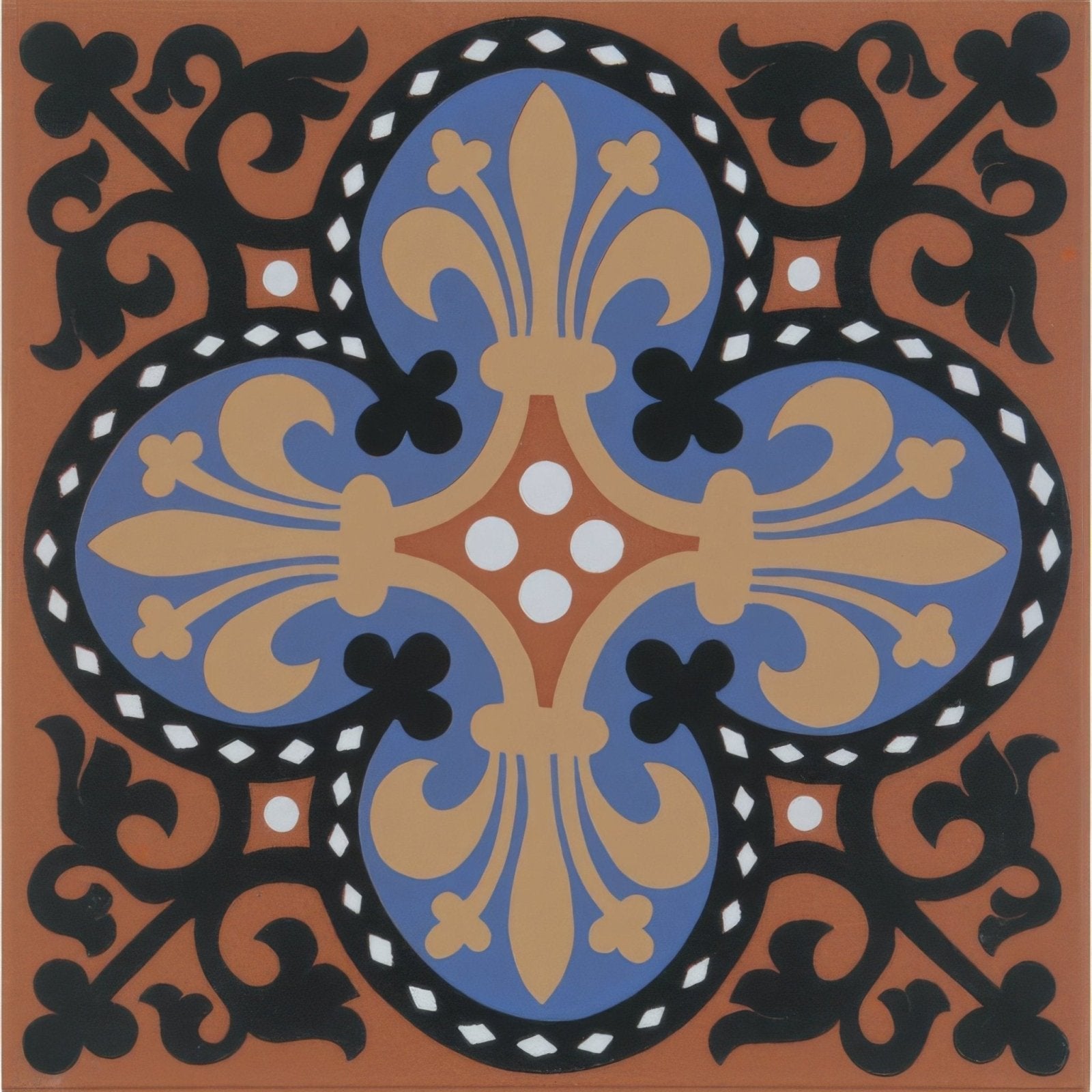 A square ceramic tile featuring a vibrant blue terracotta design with gold fleur-de-lis and black scrollwork in wellesley black blue