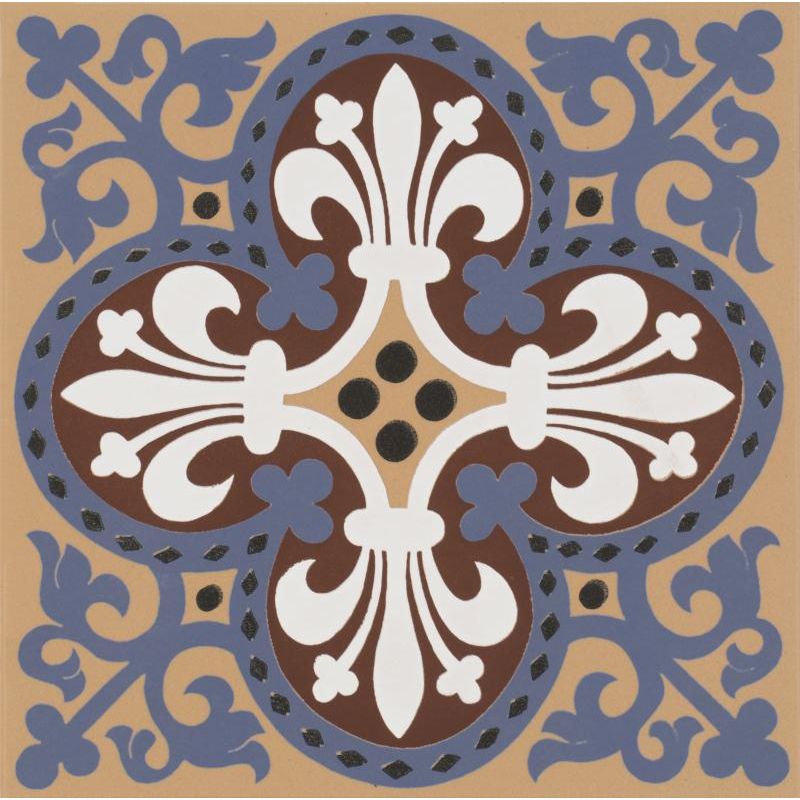 A square ceramic tile named wellesley white blue featuring symmetrical white fleur-de-lis on brown and blue backgrounds