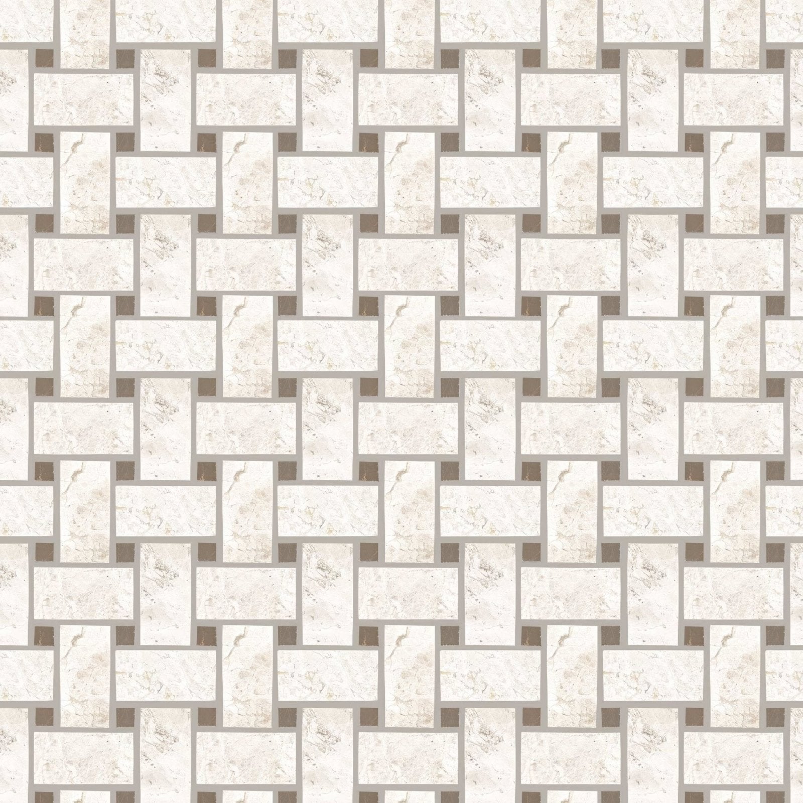 White marble mosaic tile with woven basketweave pattern and gray grout in the Westhampton Basketweave Mosaic style