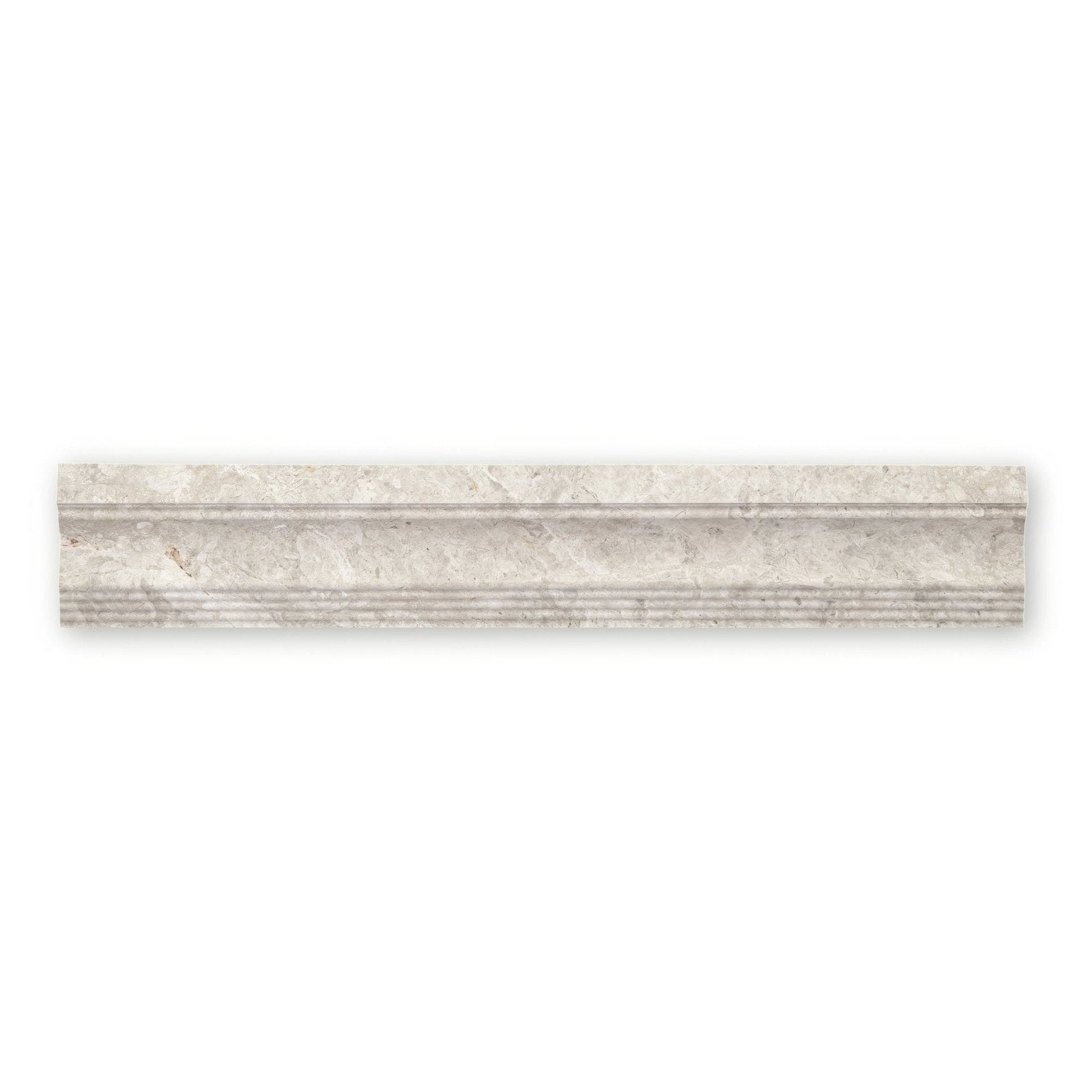 Westhampton Dado Honed off-white marble-effect crown molding with subtle gray veining and classic decorative profile