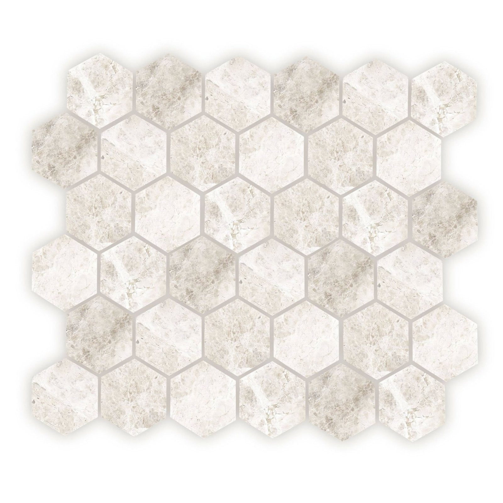 White hexagon mosaic tile with subtle gray veining made of marble for elegant wall or floor design in westhampton style