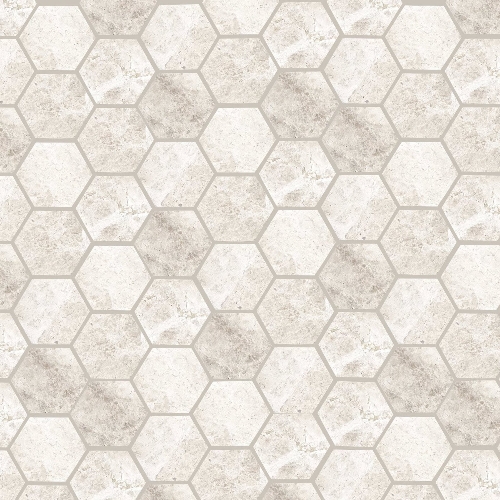 Westhampton hexagon mosaic tile with light beige marble texture and subtle gray veining for decorative surfaces