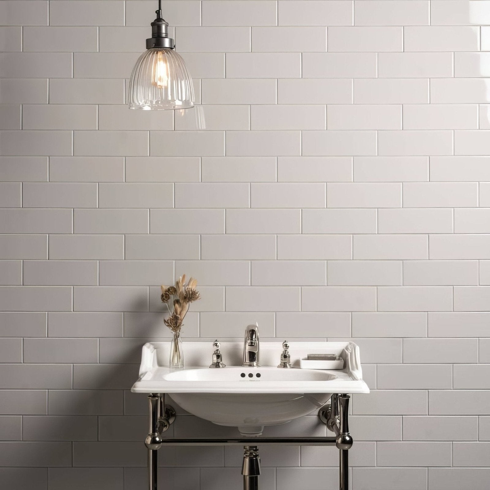 White ceramic pedestal sink with chrome fixtures and matching towel rack in westminster grey large brick setting