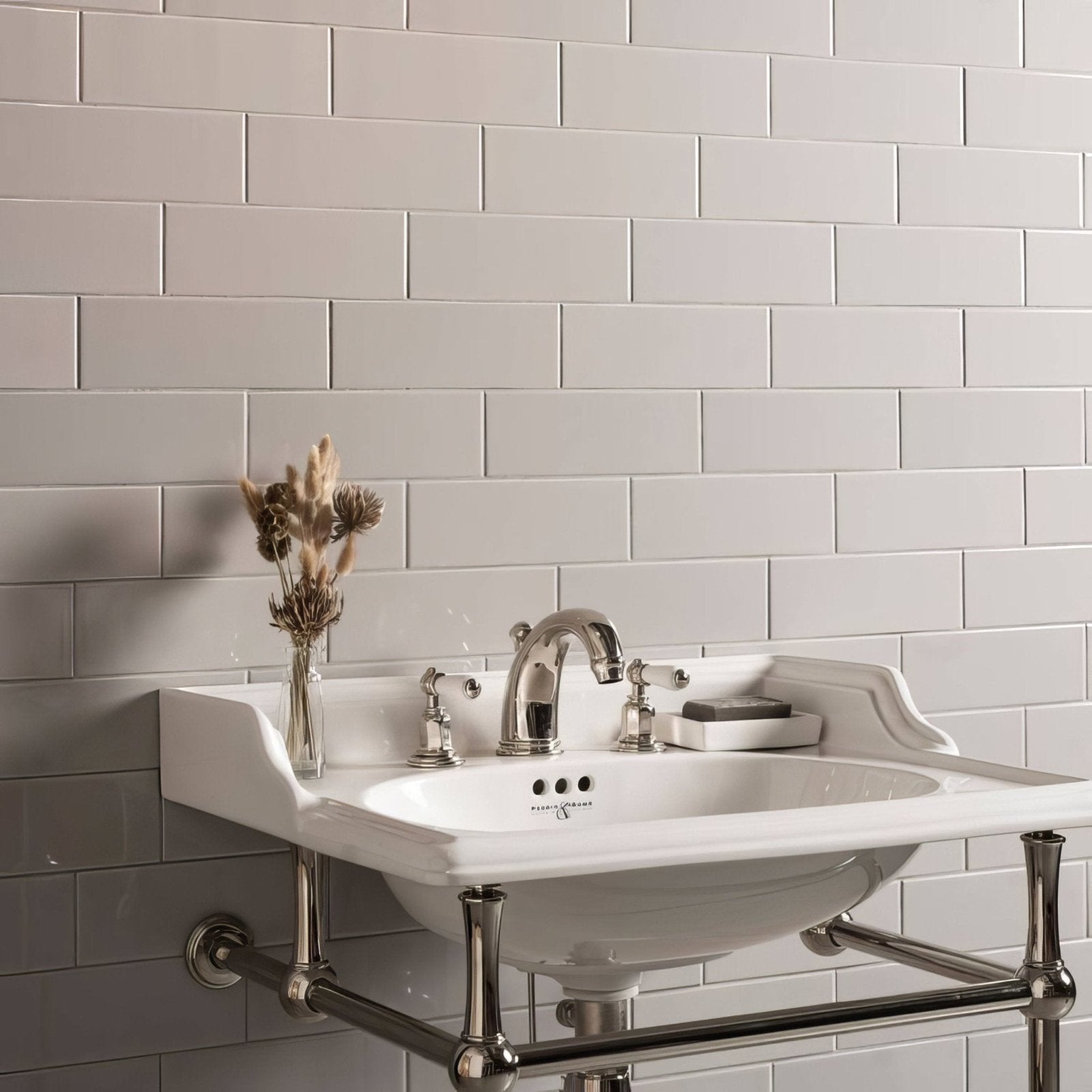 White ceramic wall-mounted sink with chrome fixtures and towel rack in westminster grey large brick setting