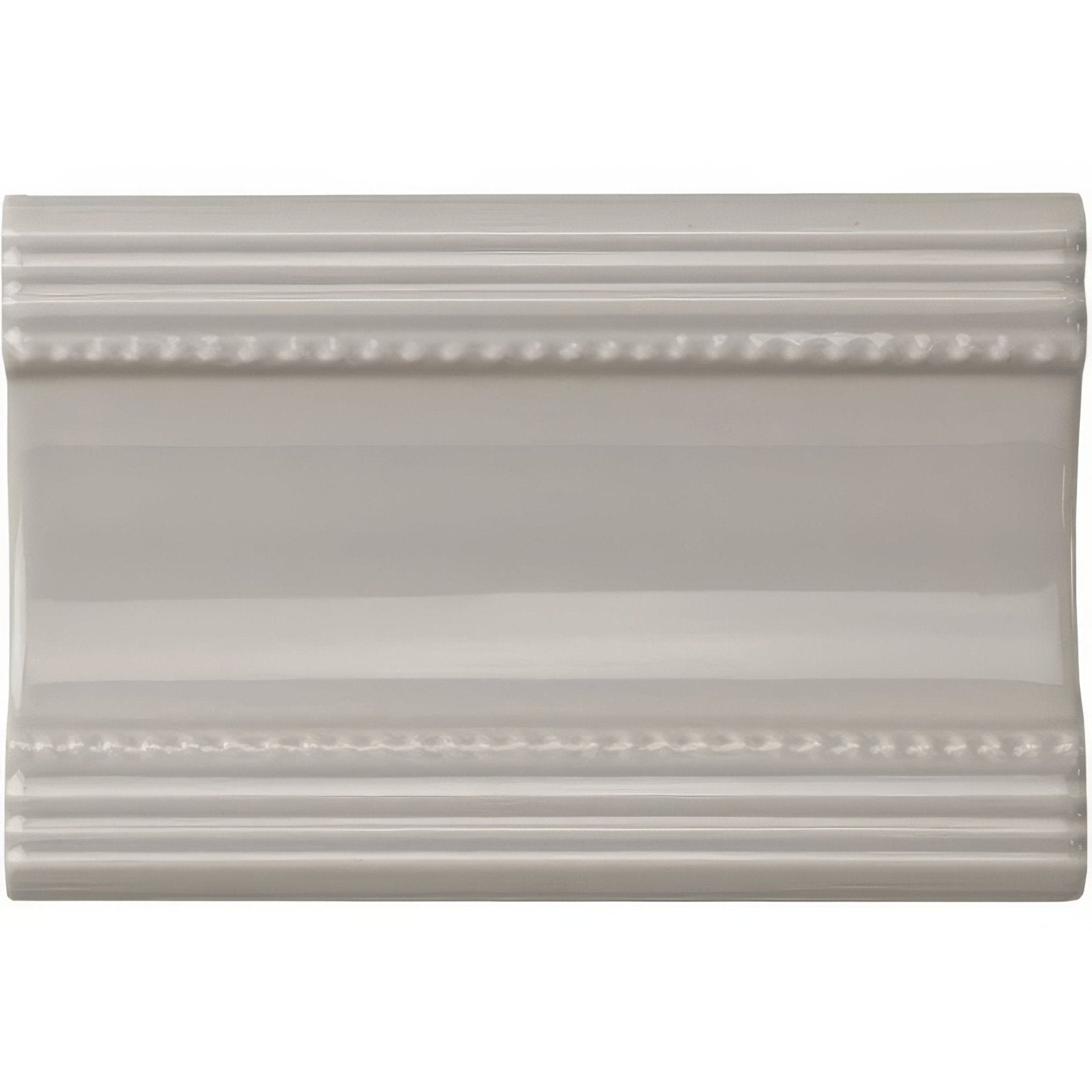 Westminster Grey plain cornice glossy off-white ceramic tile with elegant beaded and reeded edge detailing