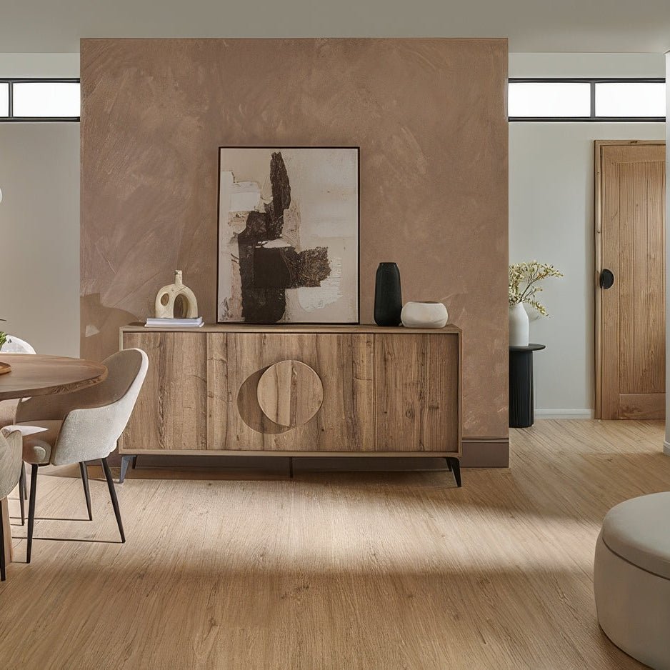 Wooden Weymouth Almond Oak sideboard with circular cutout on front panel for stylish storage and display