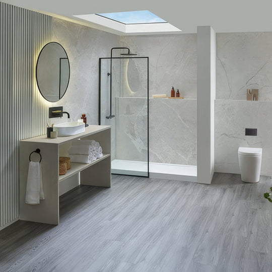 Modern minimalist bathroom with weymouth echo oak light gray wood-look flooring and white marble walls
