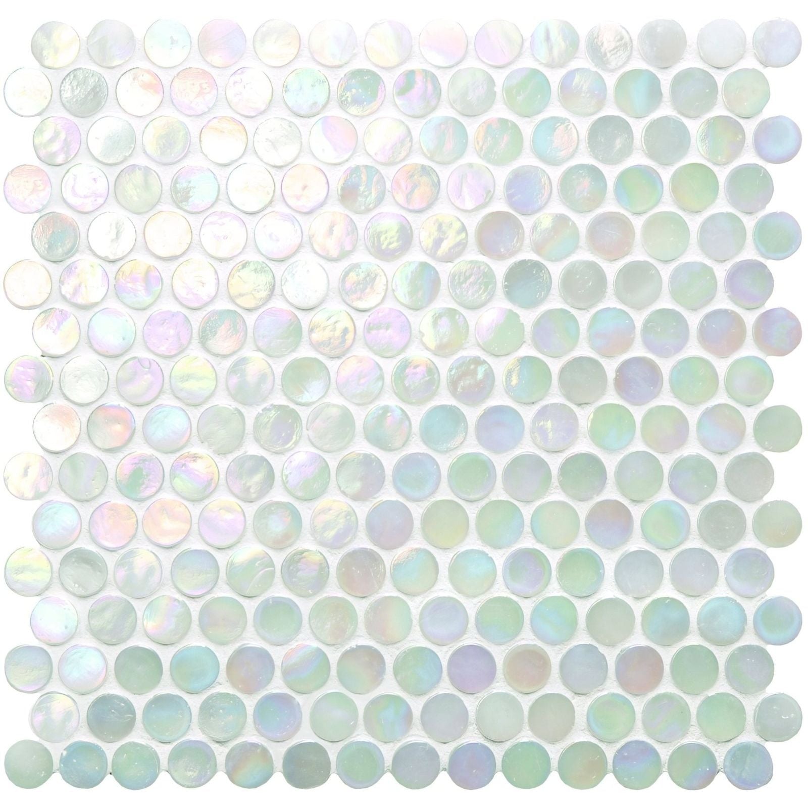 White lady iridescent round glass mosaic with pearlescent sheen and circular tiles in a uniform grid pattern