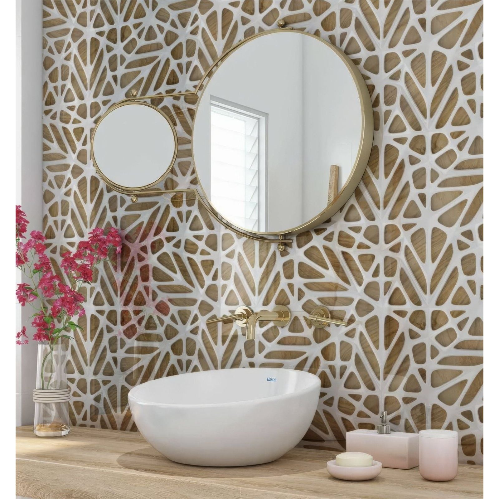 White ceramic bowl sink with gold-toned faucet and matching mirrors beside white lattice tiles wooden shower panel