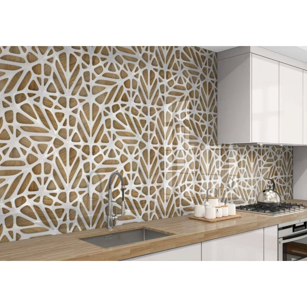 The kitchen backsplash shows white lattice tiles wooden shower panel with a modern geometric leaf pattern
