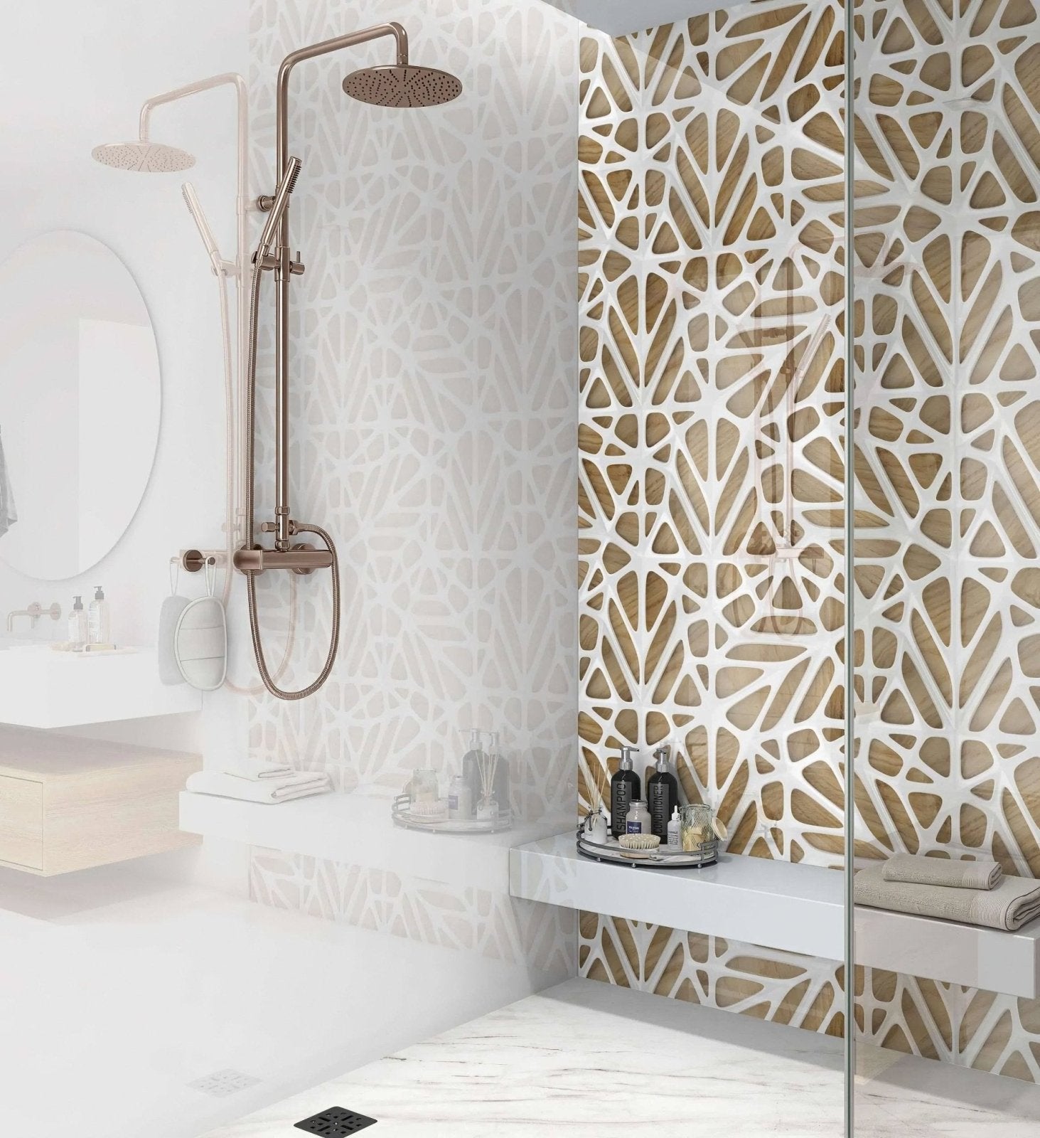 White Lattice Tiles Wooden Shower Panel