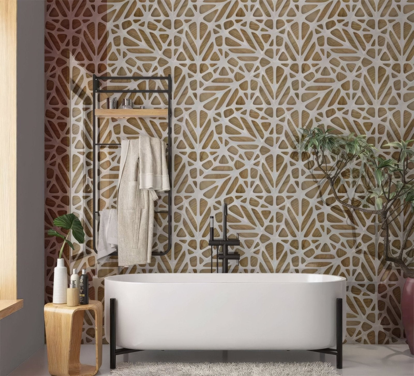 Modern freestanding white bathtub with sleek black metal legs and minimalist faucet next to white lattice tiles wooden shower panel