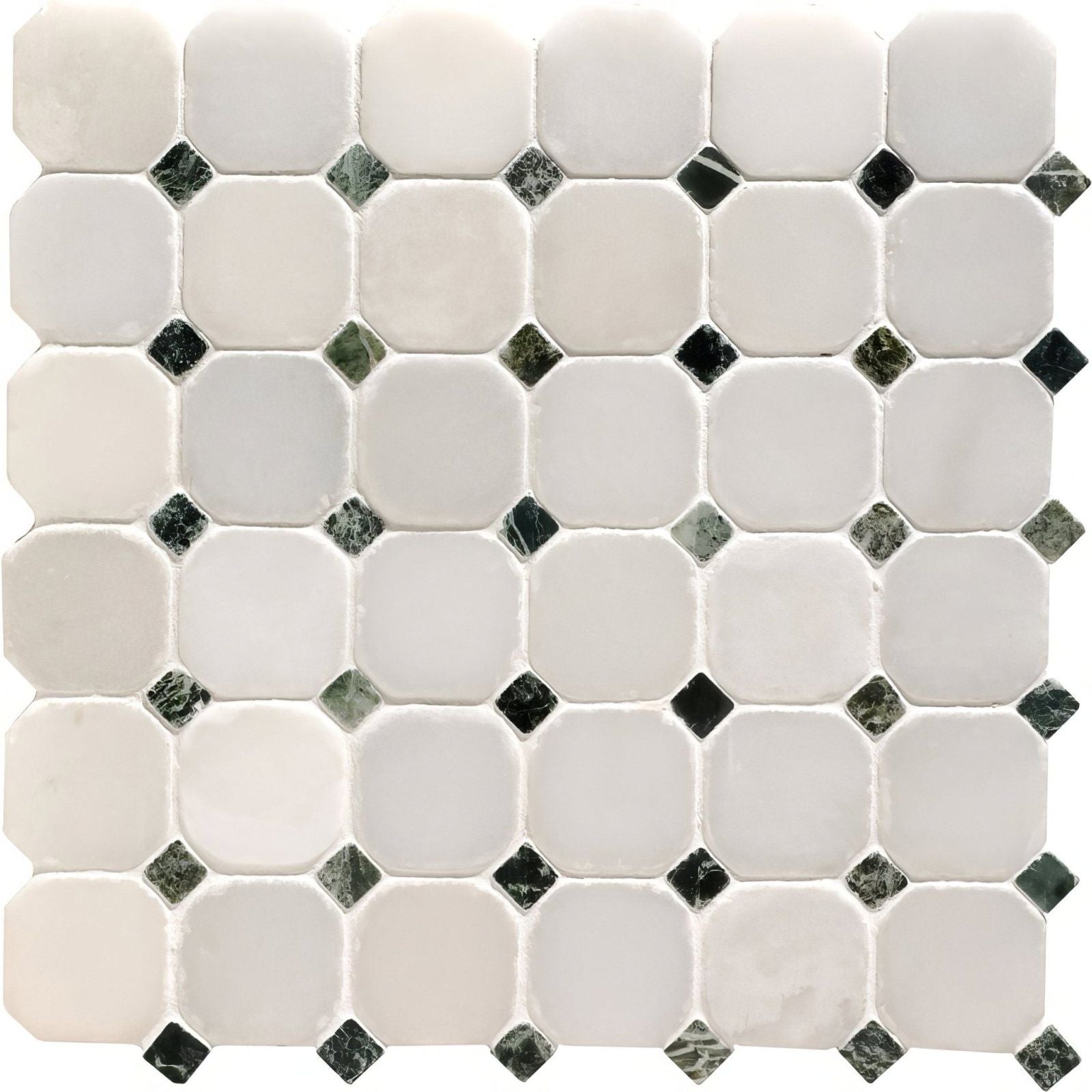 White octagon 48 venetian mosaics featuring white octagonal marble tiles with black and gray diamond inserts