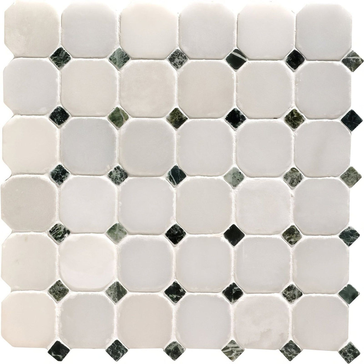 White octagon 48 venetian mosaics featuring white octagonal marble tiles with black and gray diamond inserts