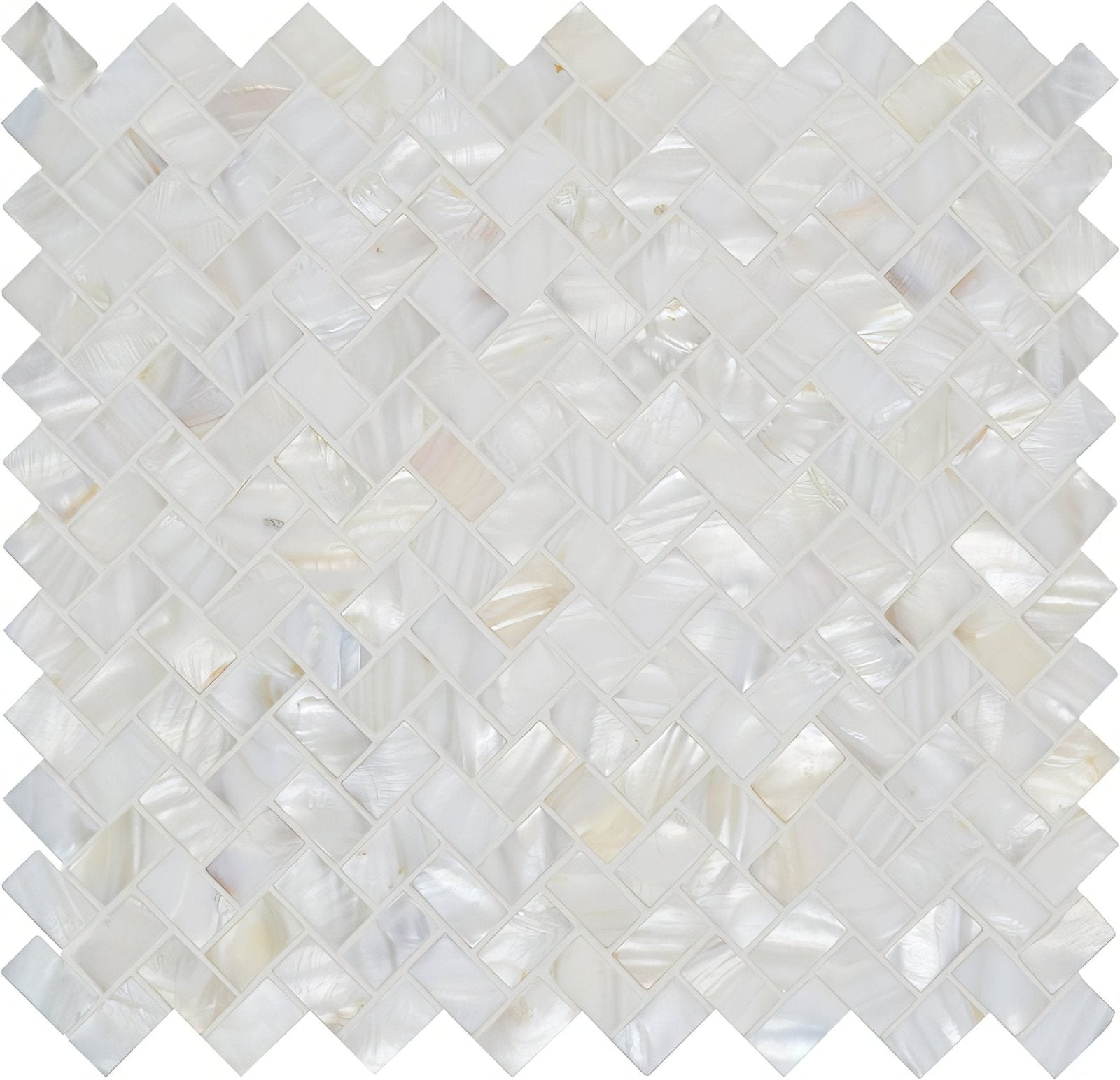 White pearl herringbone shell mosaic tile with white mother of pearl and subtle iridescent sheen in elegant pattern
