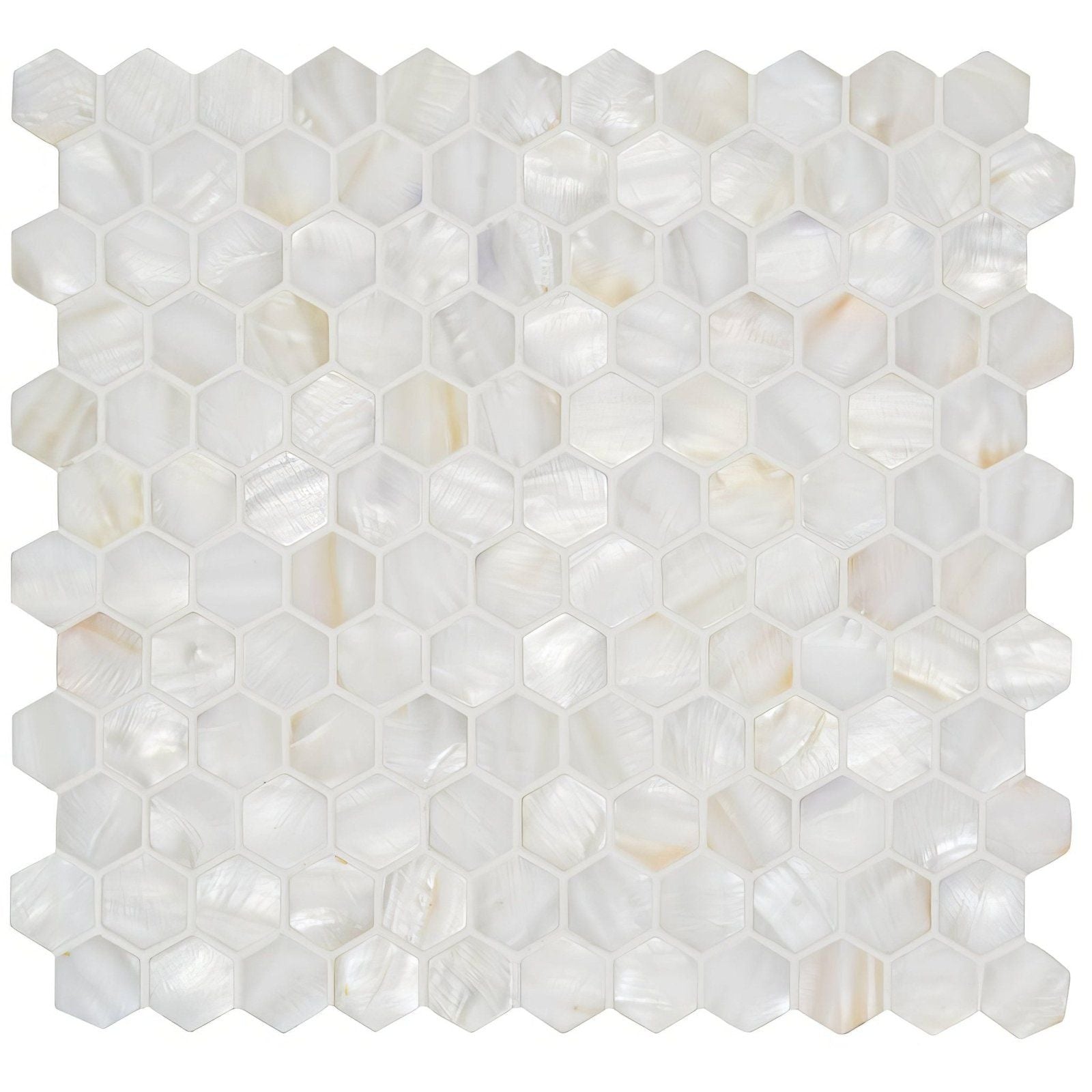 White pearl hexagon shell mosaic tile featuring white mother-of-pearl with a subtle iridescent sheen