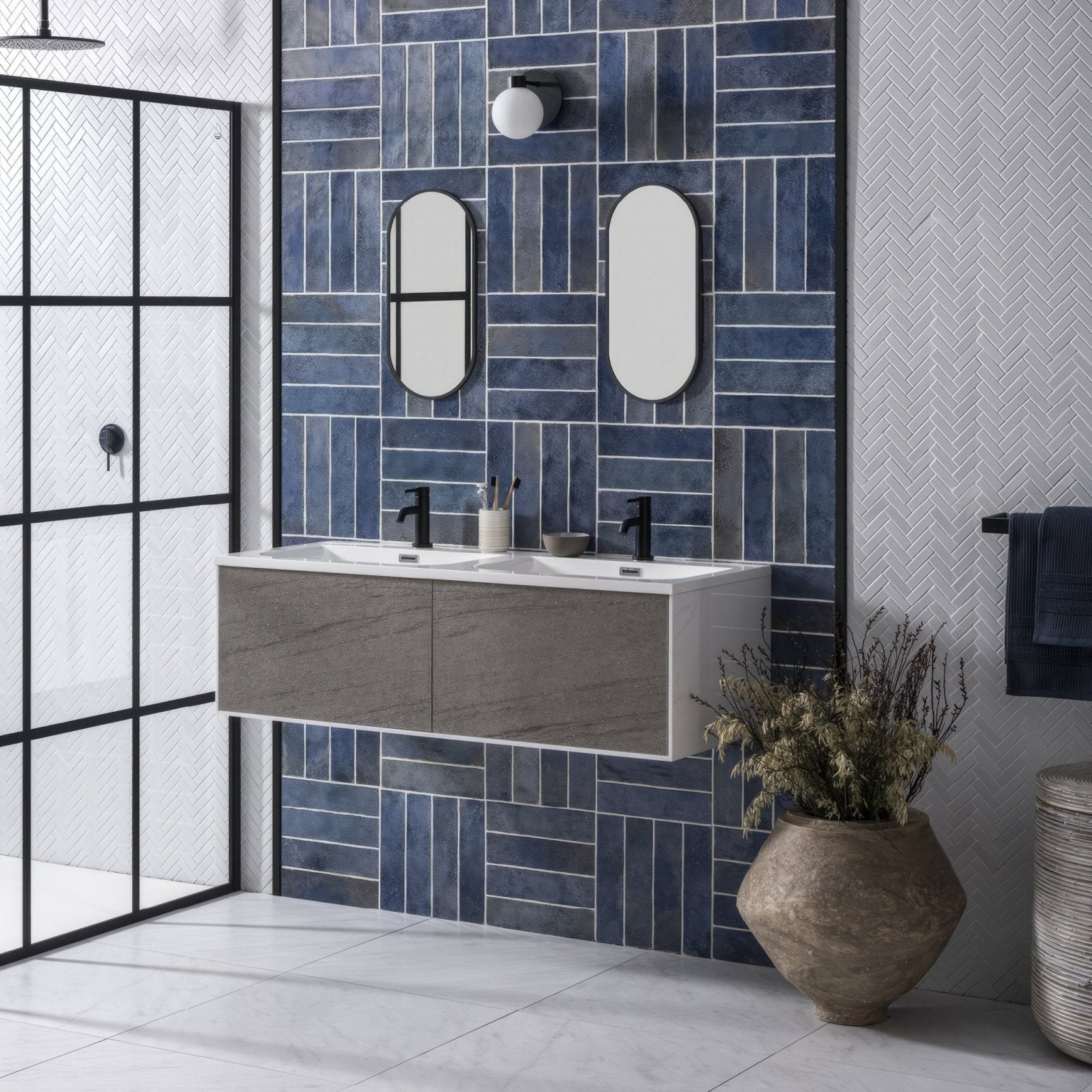 White Satin Chevron white satin chevron mosaic with a floating vanity and two black taps