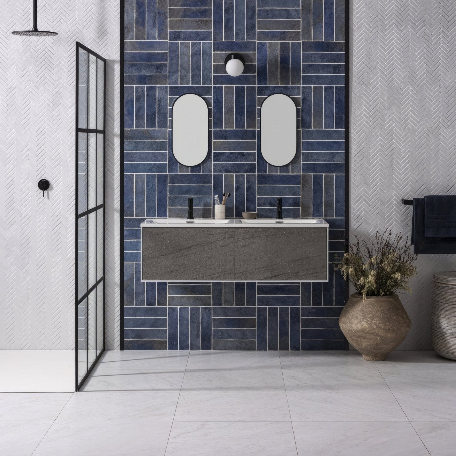 White Satin Chevron white satin chevron mosaic with a grey marble floating vanity