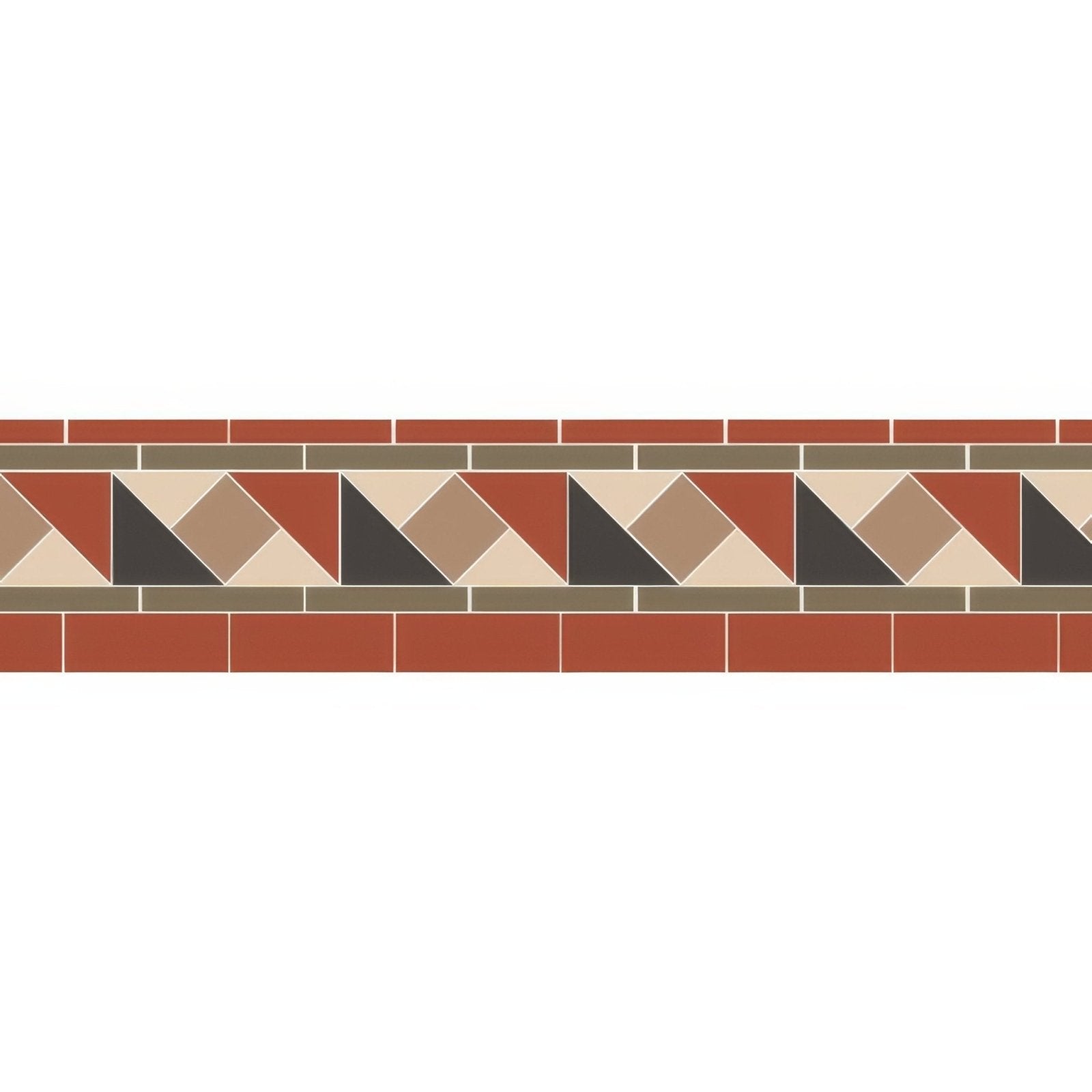 Terracotta and beige geometric tile border with black triangular accents from wilde red black and regency bath collection