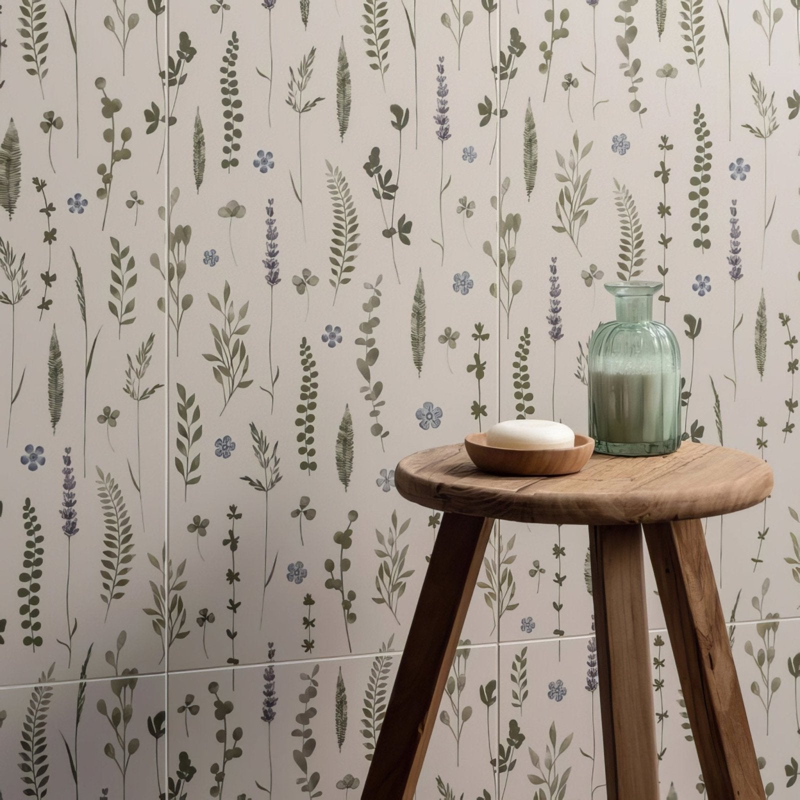 Wildflower violet 60x30cm featuring a translucent green glass bottle with narrow neck and rounded shoulders on wooden stool