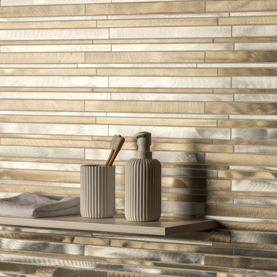 Willis Aluminium Mosaic silver brushed aluminium mosaic with a ceramic toothbrush holder