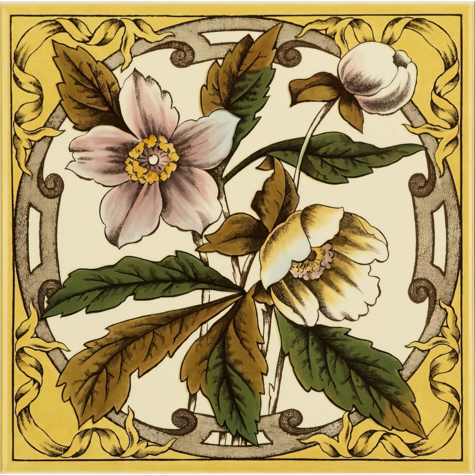 A square silk scarf windflower single tile on county white with soft pink and cream blossoms and gold-toned borders
