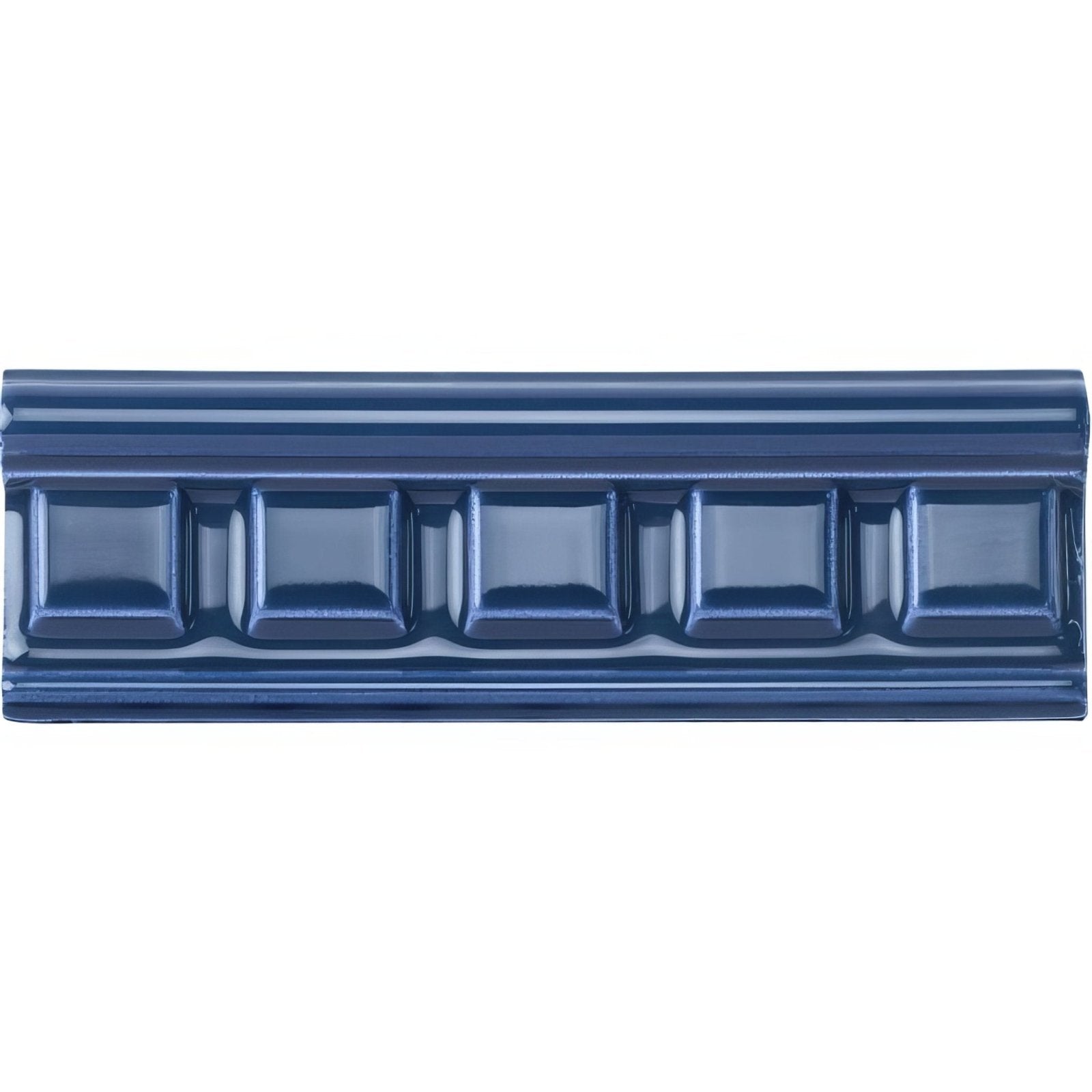 Windsor blue dentil moulding ceramic tile in deep blue with glossy finish and raised rectangular design