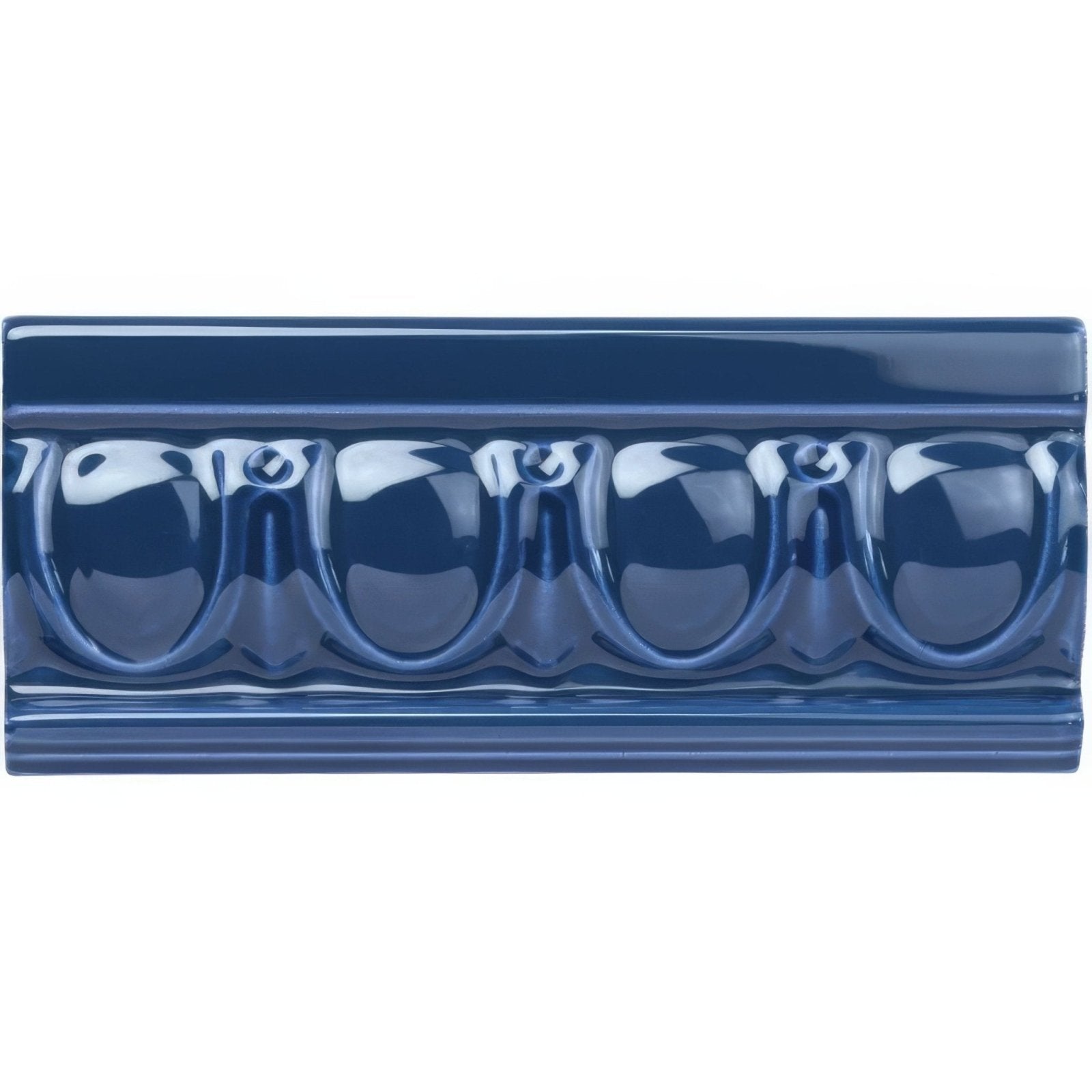 Deep blue ceramic Windsor Blue Egg & Dart crown molding with glossy finish and repeating arched decorative pattern