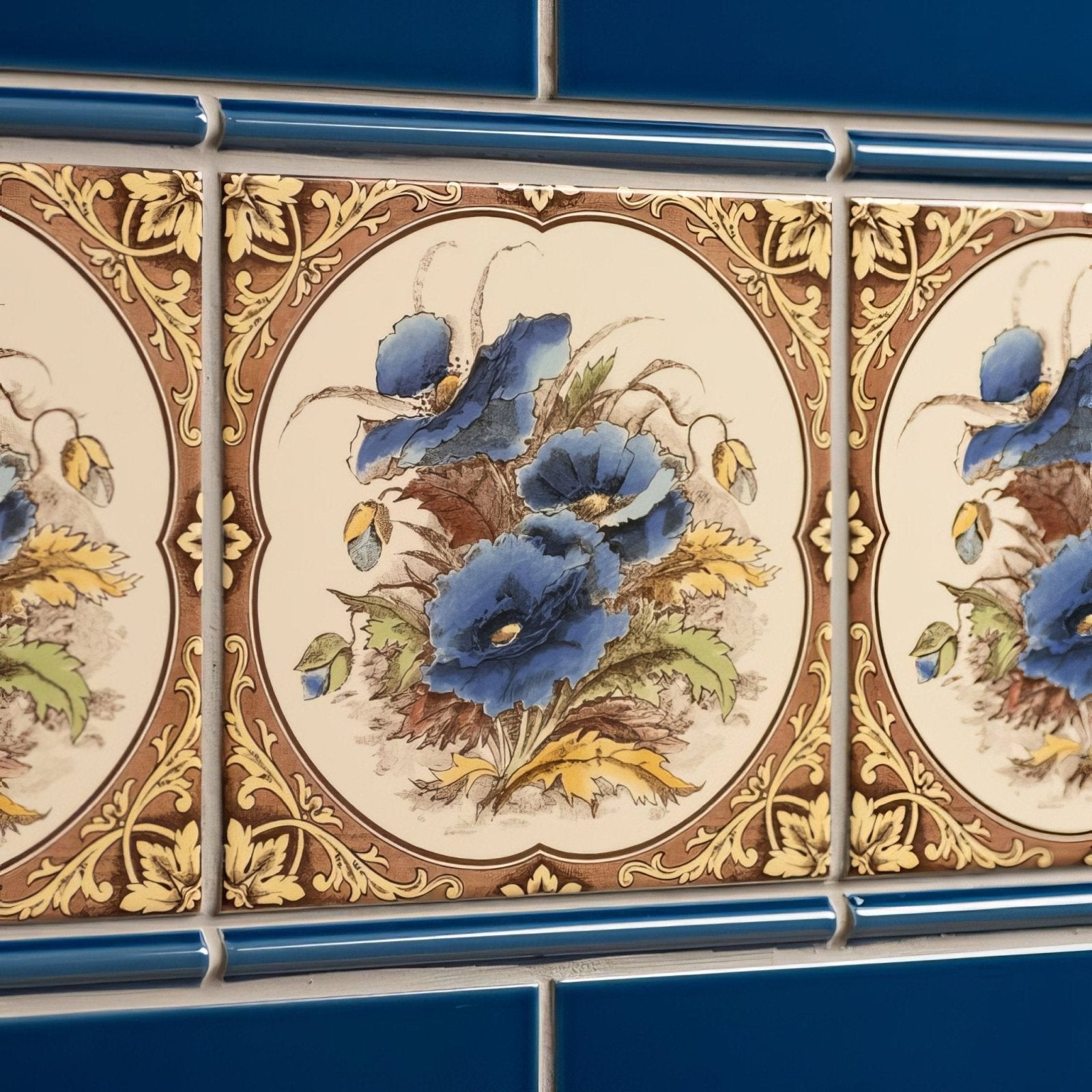 Windsor blue omega moulding ceramic tiles featuring blue poppy design with ornate gold and brown borders