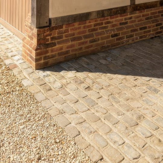 Weathered gray windsor sandstone cobble reclaimed and sawn pavement alongside a brick wall with textured surface