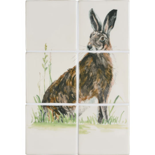 Wise hare 6 tile panel ceramic mural with detailed watercolor illustration of brown and black hare standing in grass