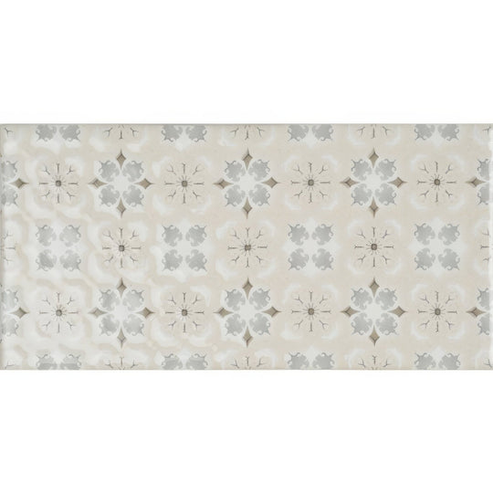 Beige rectangular tile featuring a repeating pattern of gray and white ornamental motifs from wisley on helmingham vintage