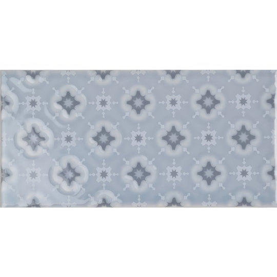Light blue ceramic tile Wisley On Snape with a repeating gray geometric pattern for wall or floor use