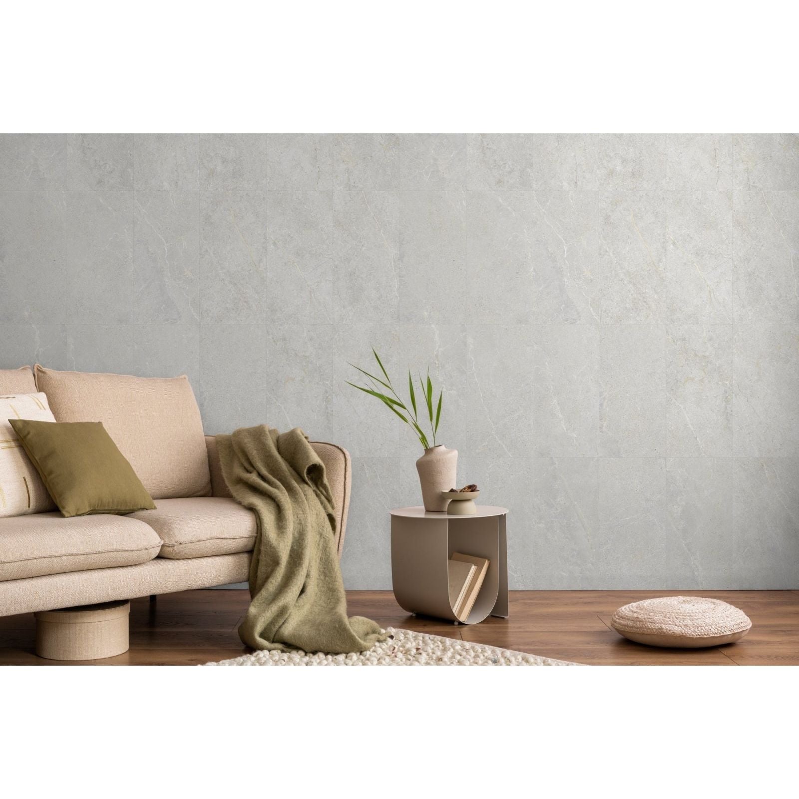 Beige sofa featuring an olive green throw blanket and matching cushion in wonder bright matt 30 x 60cm design