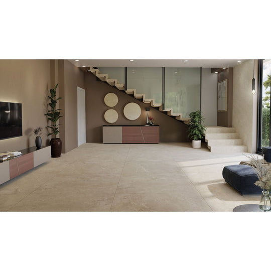 Beige stone-look Wonder Dune matt floor tiles 60 x 60cm with subtle natural veining for elegant flooring
